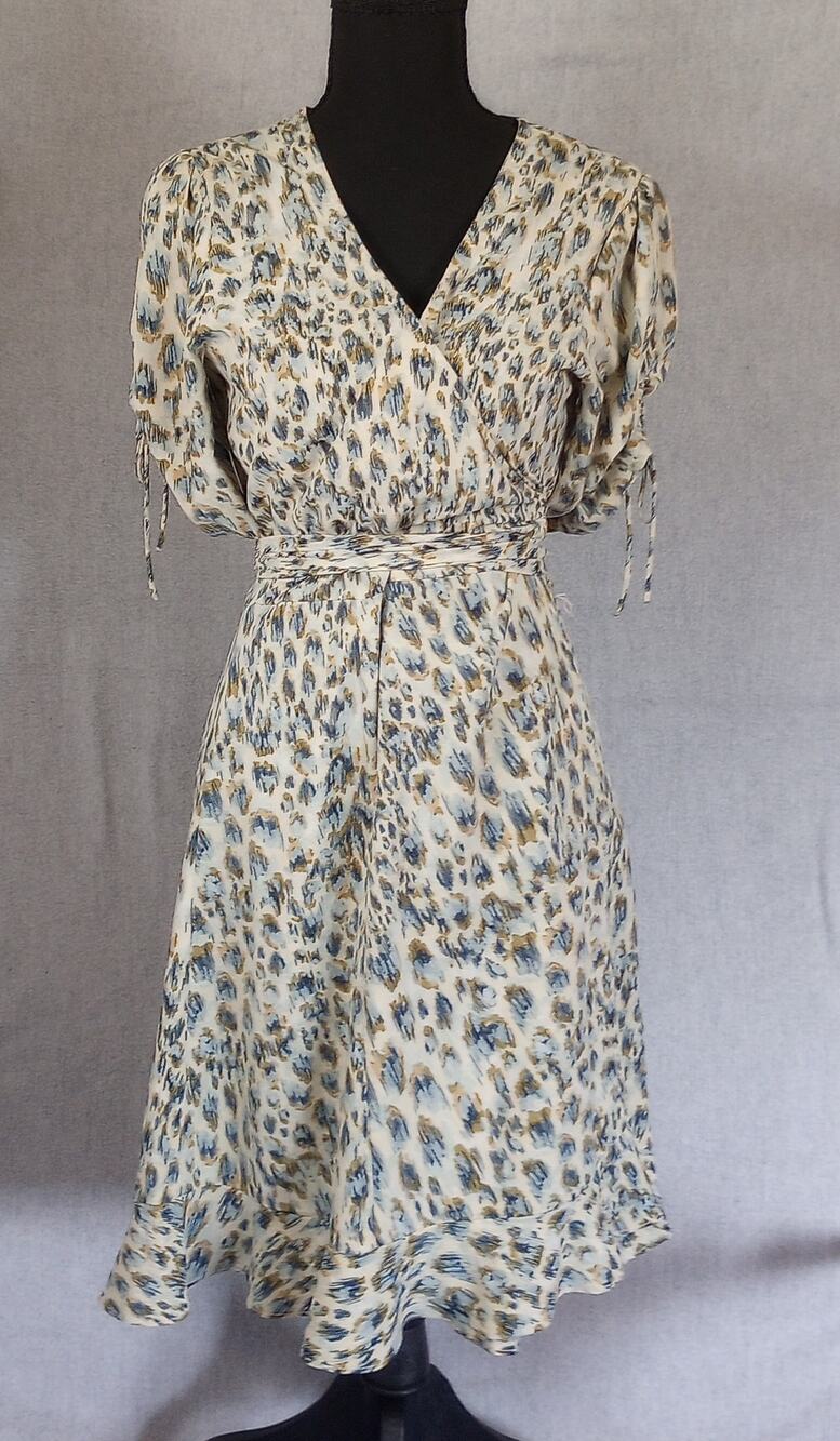 Lovestitch Wrap Dress Size M Blue Beige Leopard Print Puff Sleeve Excellent